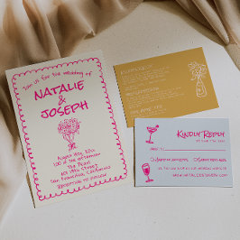 Hand Drawn Vivid Pink Retro Funky Quirky Wedding 招待状