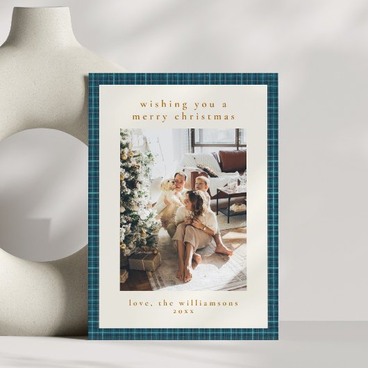 Hand Drawn Warm Blue Plaid Family Christmas Photo シーズンカード