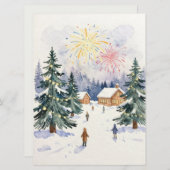 Hand-Drawn Watercolor Winter Village Celebration シーズンカード (正面/裏面)