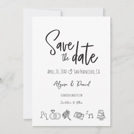 Hand drawn Wedding Chic Black White Save the date (正面)