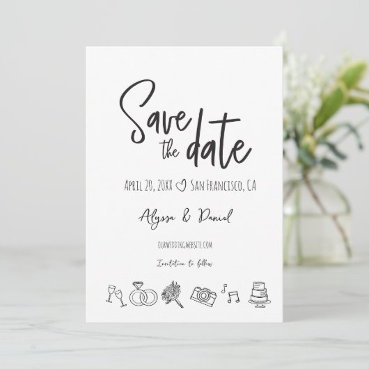 Hand drawn Wedding Chic Black White Save the date (スタンド正面)