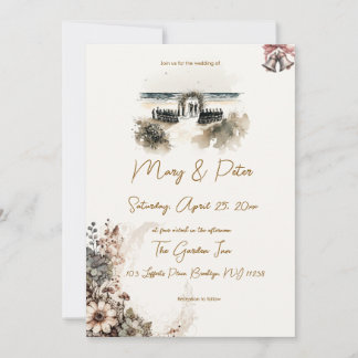 Hand drawn wedding invitation floral beach 招待状