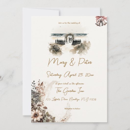 Hand drawn wedding invitation floral beach 招待状 (正面)