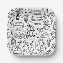 hand drawn wedding marriage champagne fountain ペーパープレート