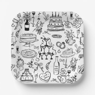 hand drawn wedding marriage champagne fountain ペーパープレート