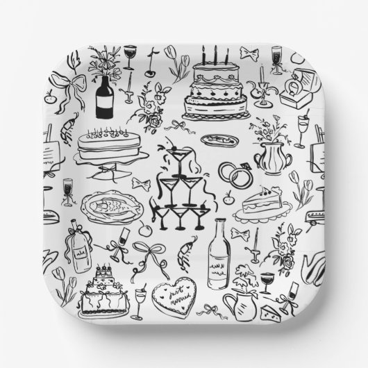 hand drawn wedding marriage champagne fountain ペーパープレート (正面)