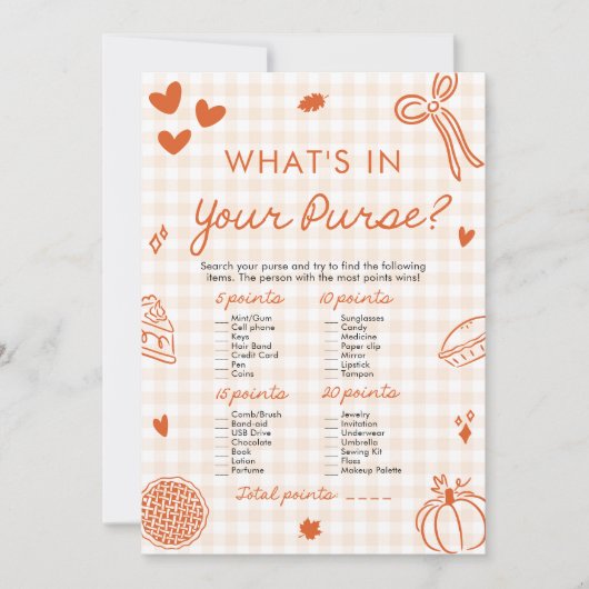 Hand Drawn What's In Your Purse Baby Shower Game 招待状 (正面)