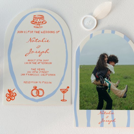 Hand Drawn Whimsical Arched Unique Photo Wedding 招待状