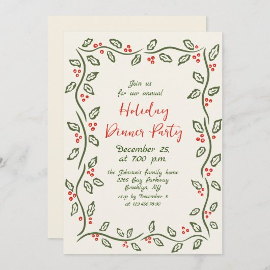 Hand Drawn Whimsical Christmas Holiday Dinner Invi 招待状 (正面/裏面)