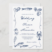 Hand Drawn Whimsical Coastal Navy Blue Wedding 招待状 (正面)