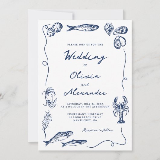 Hand Drawn Whimsical Coastal Navy Blue Wedding 招待状 (正面)