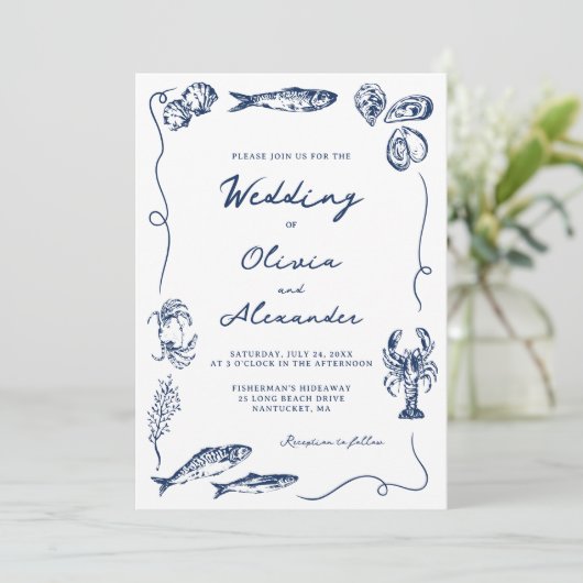 Hand Drawn Whimsical Coastal Navy Blue Wedding 招待状 (スタンド正面)