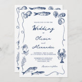 Hand Drawn Whimsical Coastal Navy Blue Wedding 招待状 (正面/裏面)