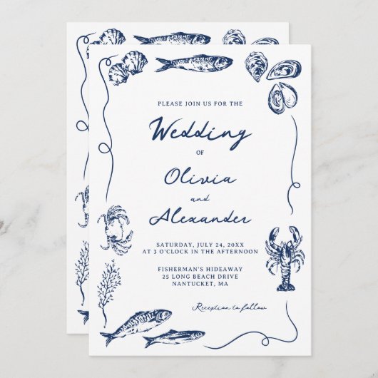Hand Drawn Whimsical Coastal Navy Blue Wedding 招待状 (正面/裏面)