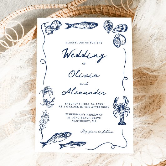 Hand Drawn Whimsical Coastal Navy Blue Wedding 招待状