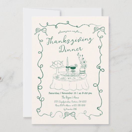 Hand Drawn Whimsical Dinner Table Thanksgiving 招待状 (正面)