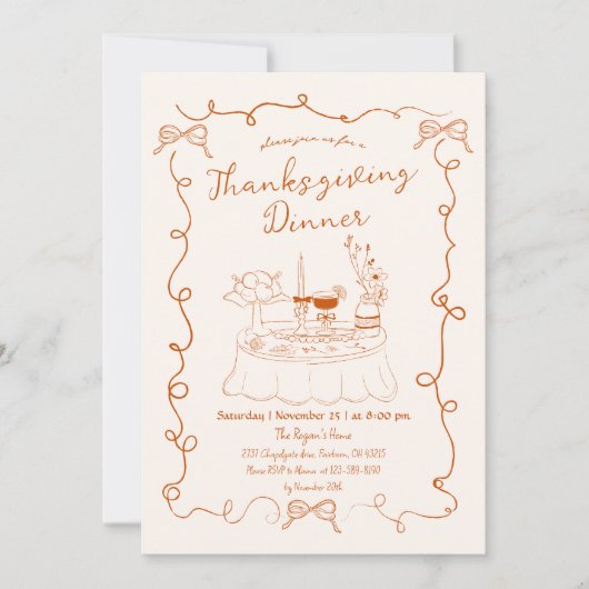 Hand Drawn Whimsical Dinner Table Thanksgiving  招待状 (正面)