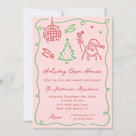 Hand Drawn Whimsical Doodle Christmas Open House 招待状 (正面)