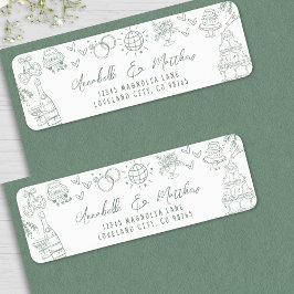 Hand Drawn Whimsical Green Wedding Return Address ラベル