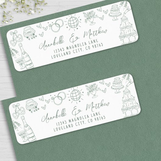 Hand Drawn Whimsical Green Wedding Return Address ラベル