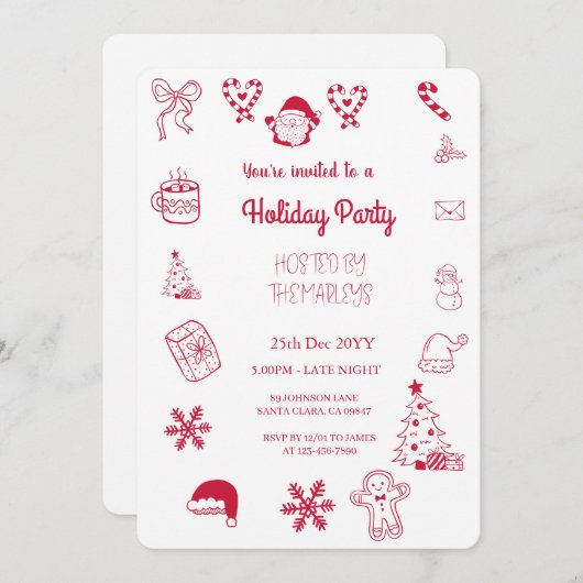 Hand drawn whimsical holiday party 招待状 (正面/裏面)