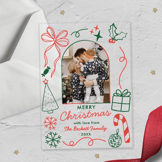 Hand Drawn Whimsical Photo Arch Christmas Card アクリル招待状