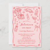 Hand Drawn Whimsical Pink Red Galentines Spa Party 招待状 (正面)