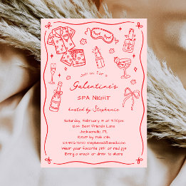 Hand Drawn Whimsical Pink Red Galentines Spa Party 招待状