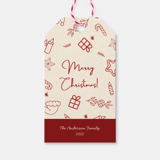 Hand Drawn Whimsical Red Doodle Christmas ギフトタグ (正面)