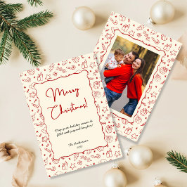 Hand Drawn Whimsical Red Doodle Christmas Photo シーズンカード