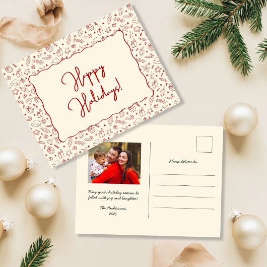 Hand Drawn Whimsical Red Doodle Christmas Photo シーズンポストカード
