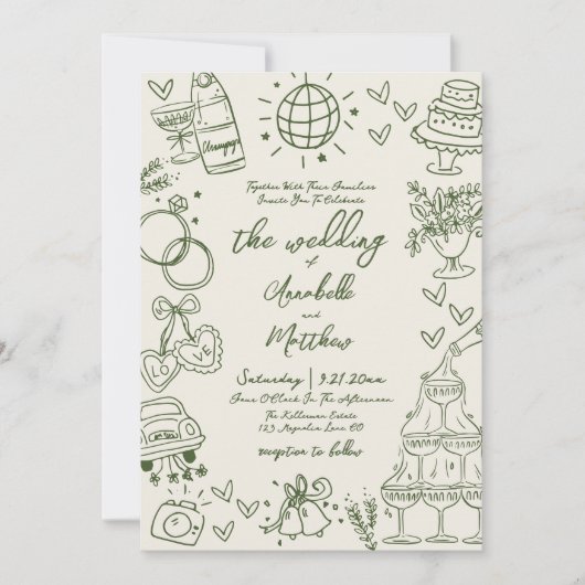 Hand Drawn Whimsical Retro Wedding 招待状 (正面)