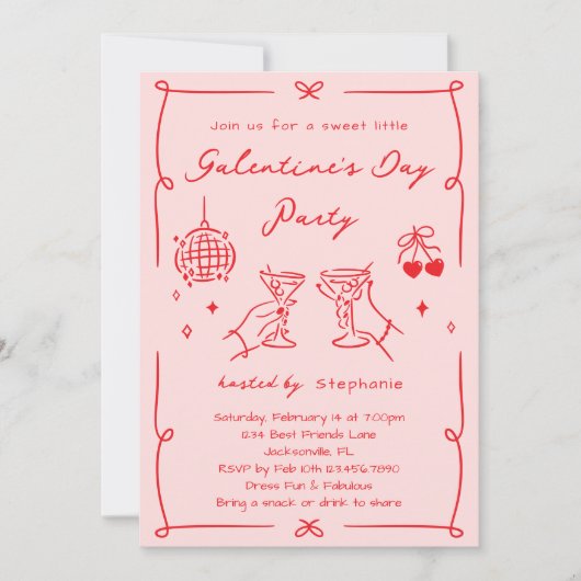 Hand Drawn Whimsy Pink & Red Galentine's Day Party 招待状 (正面)