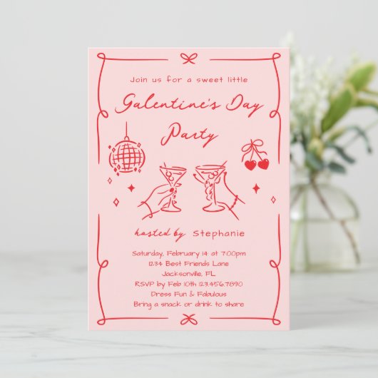 Hand Drawn Whimsy Pink & Red Galentine's Day Party 招待状 (スタンド正面)