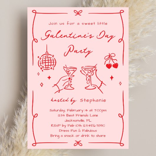 Hand Drawn Whimsy Pink & Red Galentine's Day Party 招待状