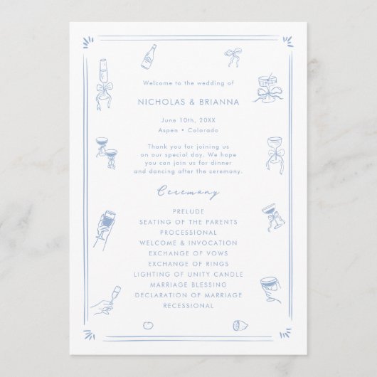 Hand Drawn White and Dusty Blue Wedding プログラム (正面)