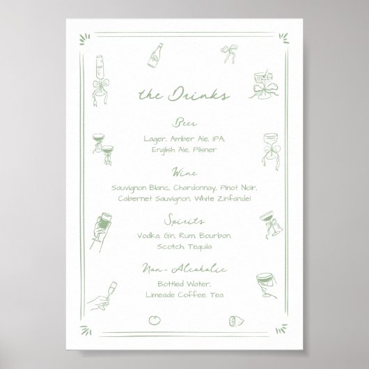 Hand Drawn White and Green Bar Drink Menu ポスター (正面)