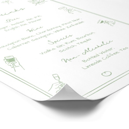 Hand Drawn White and Green Bar Drink Menu ポスター (角)