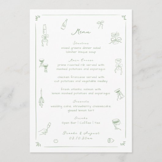 Hand Drawn White and Green Wedding メニュー (正面)