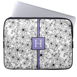 Hand Drawn White Floral Pattern Purple Monogram ラップトップスリーブ