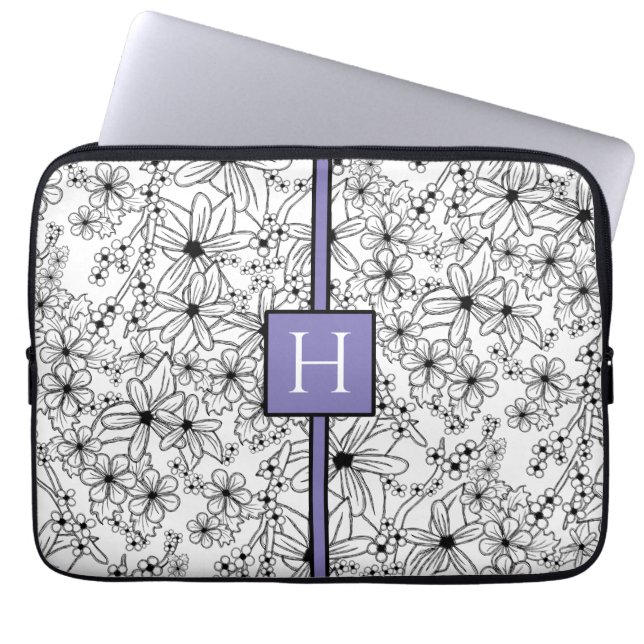 Hand Drawn White Floral Pattern Purple Monogram ラップトップスリーブ (正面)