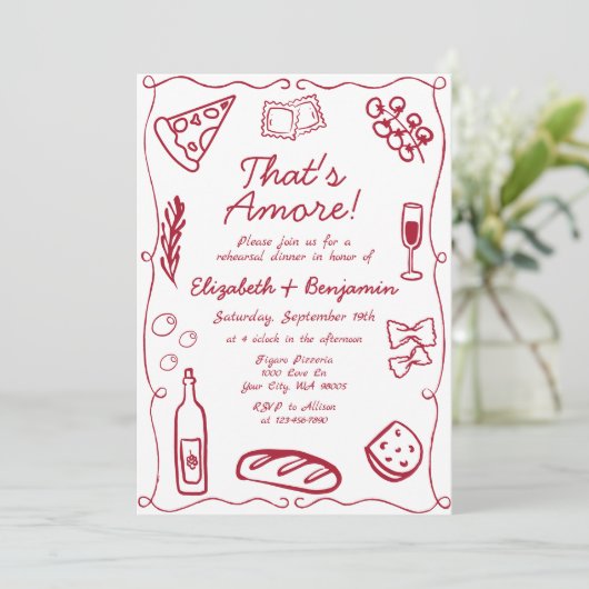 Hand Drawn Wine Red Retro Italian Rehearsal Dinner 招待状 (スタンド正面)