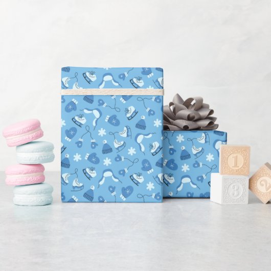Hand Drawn Winter Pattern Blue Wrapping Paper Roll ラッピングペーパー (ベビーシャワー)