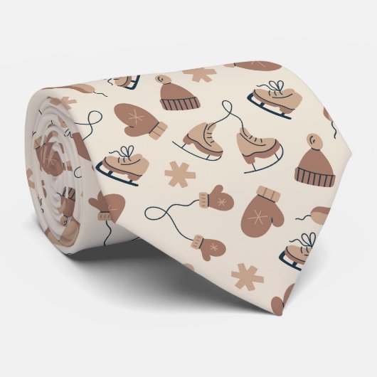 Hand Drawn Winter Print Brown Neck Tie ネクタイ (ロール)