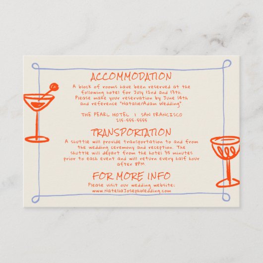 Hand Drawn Written Blue Orange Wedding Details エンクロージャーカード (正面)