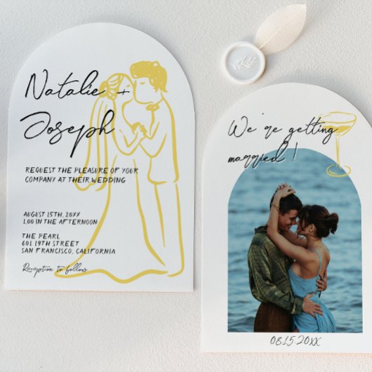 Hand Drawn Written Summer Arched Photo Wedding 招待状
