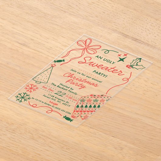 Hand Drwan Christmas Doodles Ugly Sweater Party アクリル招待状 (レイダウン)