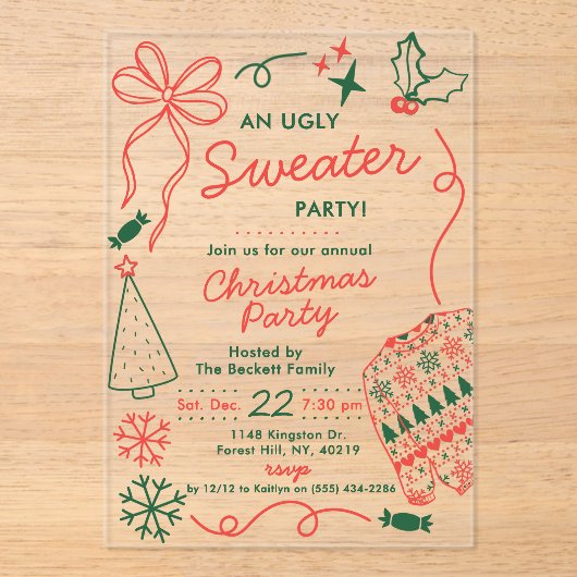 Hand Drwan Christmas Doodles Ugly Sweater Party アクリル招待状 (正面)