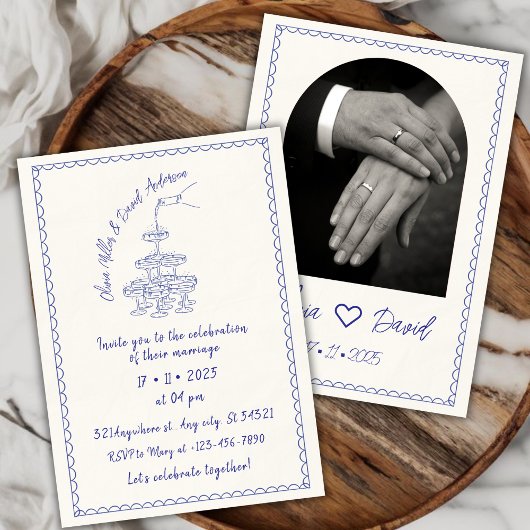 Hand-illustrated Champagne Tower Vintage Wedding 招待状