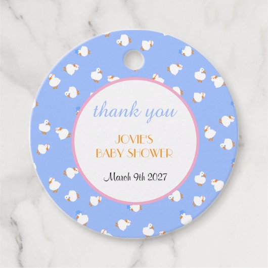 Hand Illustrated Ducks Kids Blue Baby Shower フェイバータグ (正面)